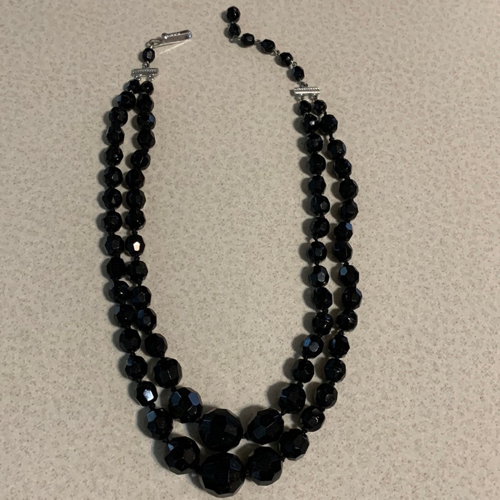 Germany 2 stranded black crystal beaded necklace (221)